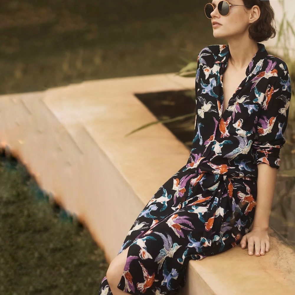 Anthropologie Maeve Martina Belted Midi Shirtdress Bird  Hummingbird Size 8